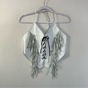 Vintage White Fringe Halter Crop Top with Black Lace-Up Detail
